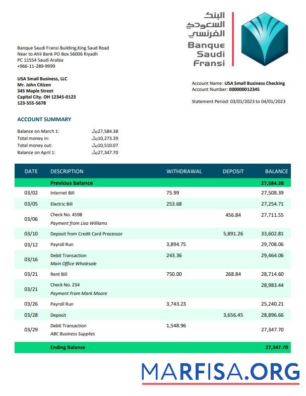 Downloadable Banque Saudi Fransi company checking account statement Word and PDF template